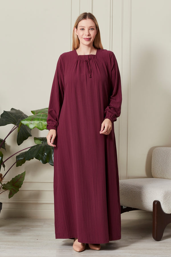 Kadın Büyük Beden Gofre Kumaş Kare Yaka Elbise - Bordo / 2XL